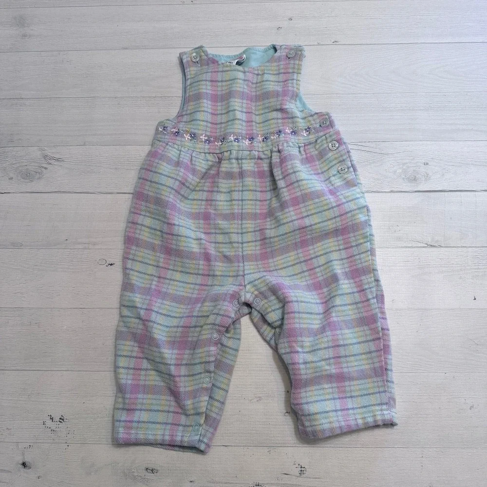 Gymboree 2001 girls blue purple plaid‎ romper overalls acrylic wool 6-12 months
